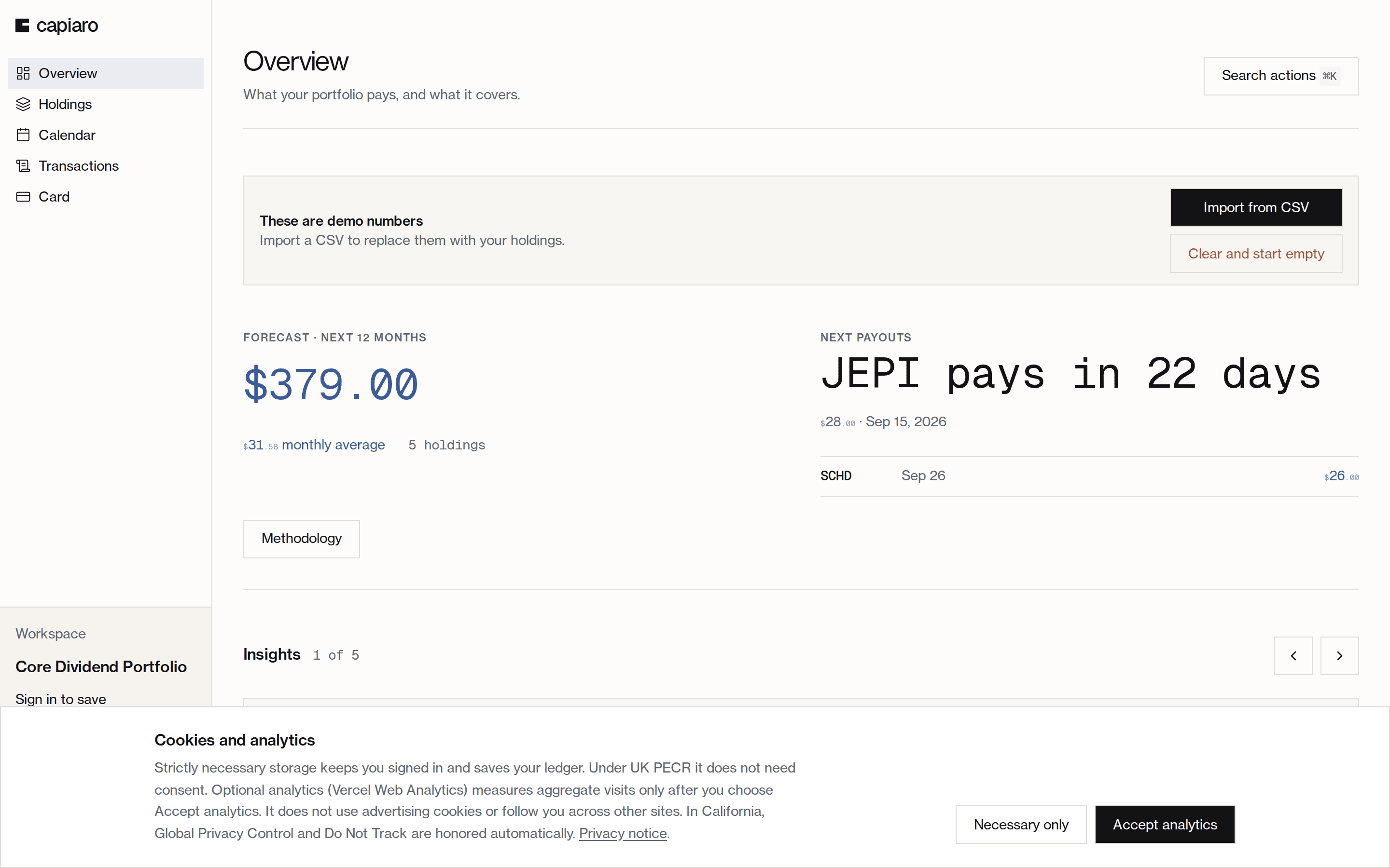 Capiaro Tracker overview showing dividend forecast, next payout, and bill coverage.